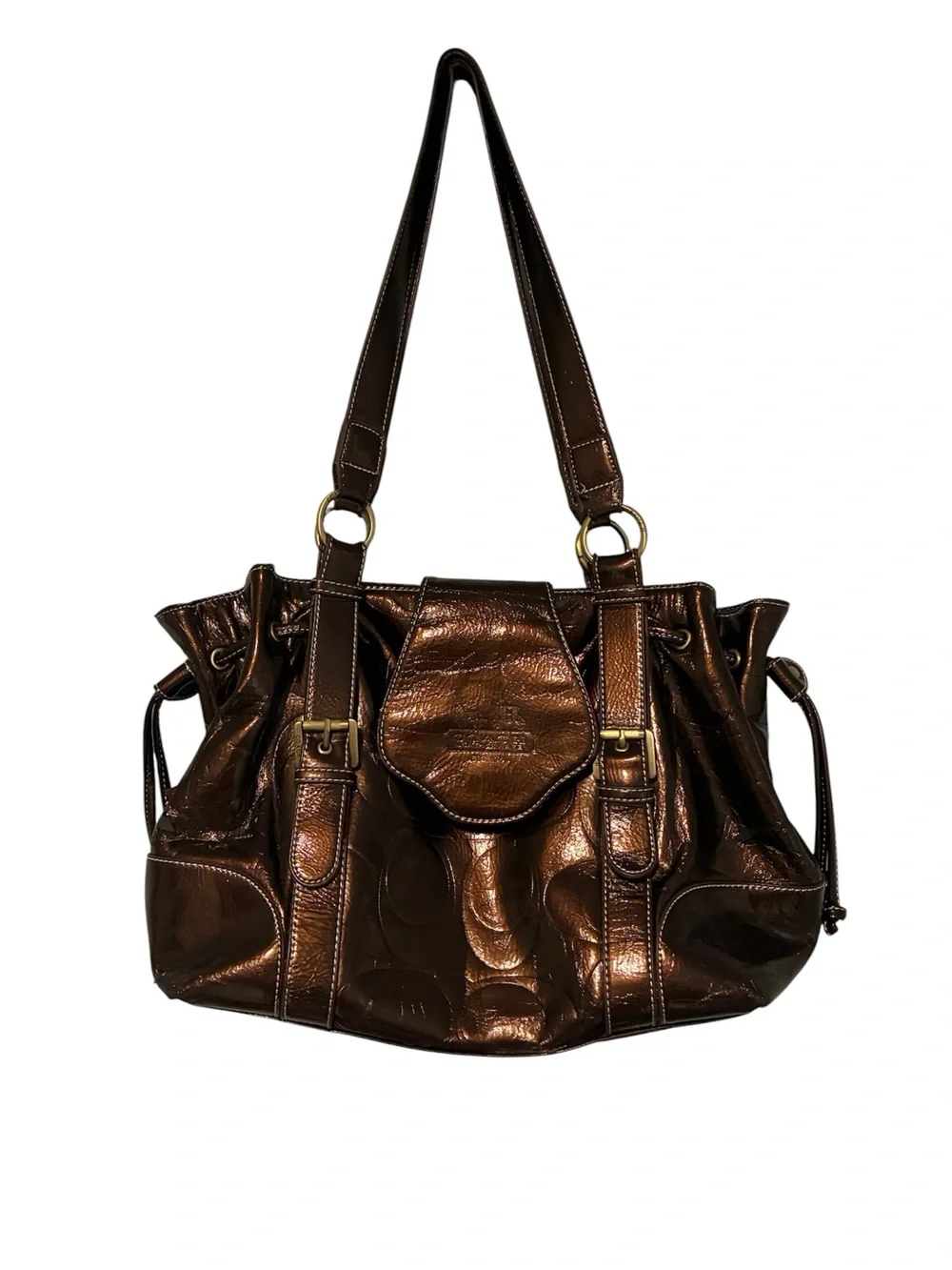 Vintage Y2K Coach Metallic Bronze Signature Drawstring Tote Shoulder Bag
